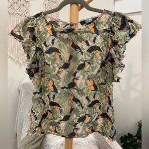Eva Franco Toucan Print Mesh Blouse Ruffle Sleeve Tropical Top M